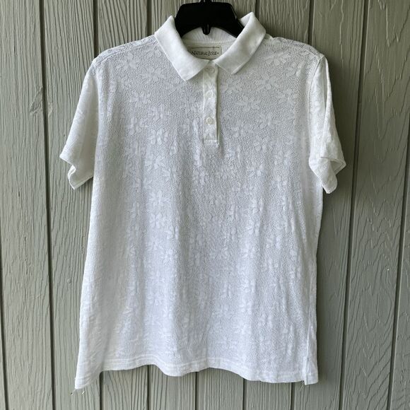 VTG 80s 90s Natural Issue White Daisy Jacquard Polo Shirt Semi Sheer L - Picture 2 of 7